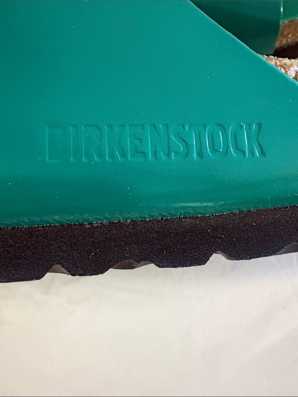Birkenstock Arizona Two-Strap Slide Sandals in Teal with Gold Buckles - Picture 8 of 11